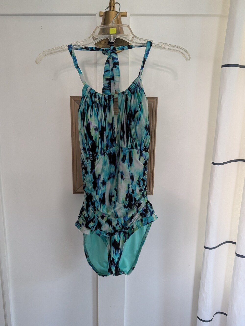 Kenneth Cole One Piece Swimsuit High Neck Halter Top Shirred Waist Teal Blue Sm